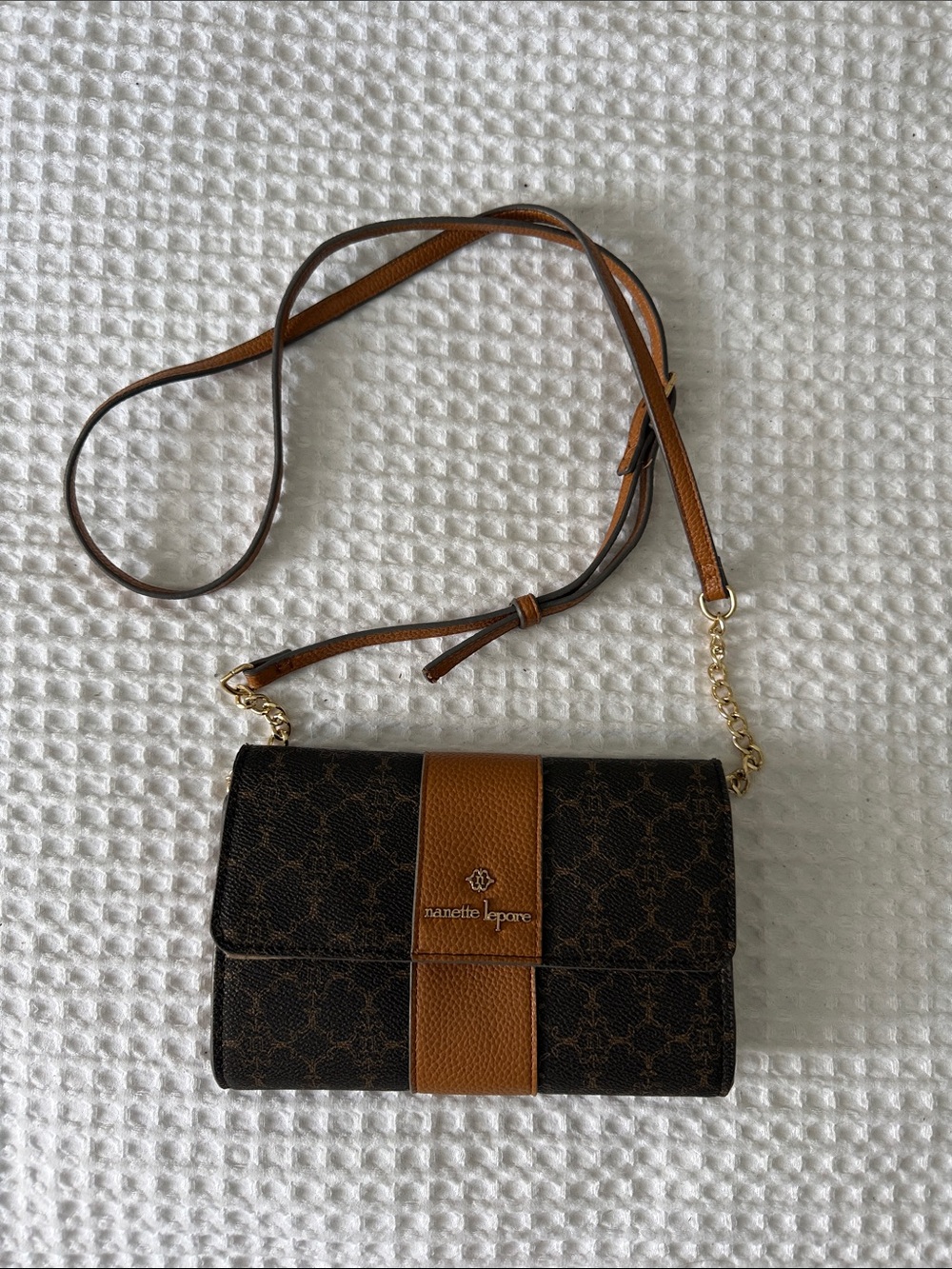 Nanette Lepore Brown and Tan Logo Crossbody with Gold Chain
